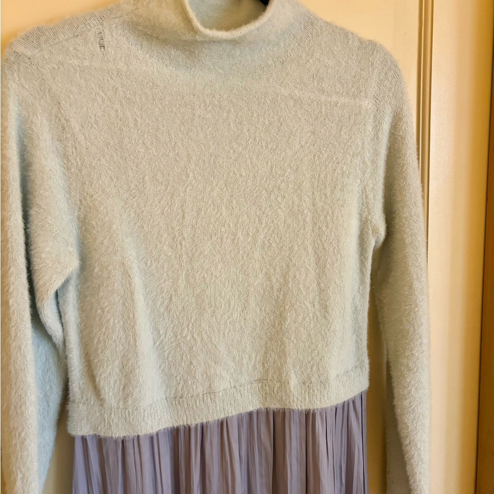 Anthropologie Pale Blue Knit Top with Dusty Blue Satin Skirt Dress - Picture 7 of 10